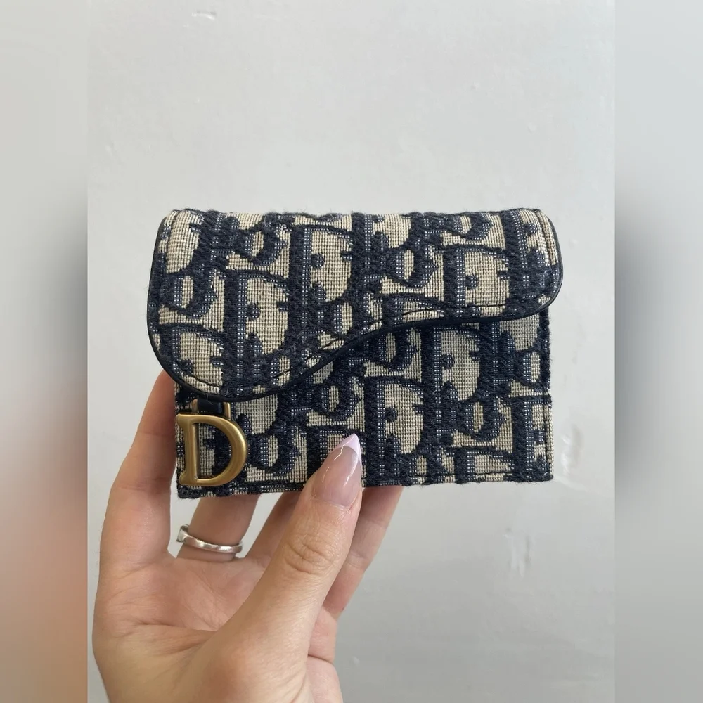 DIOR Blue Jacquard Oblique Saddle Card Case Holder Wallet